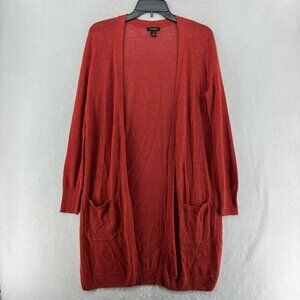 Halogen Sweater Women's XS Red Knit Linen Blend Open Front Pocket Tunic Cardigan